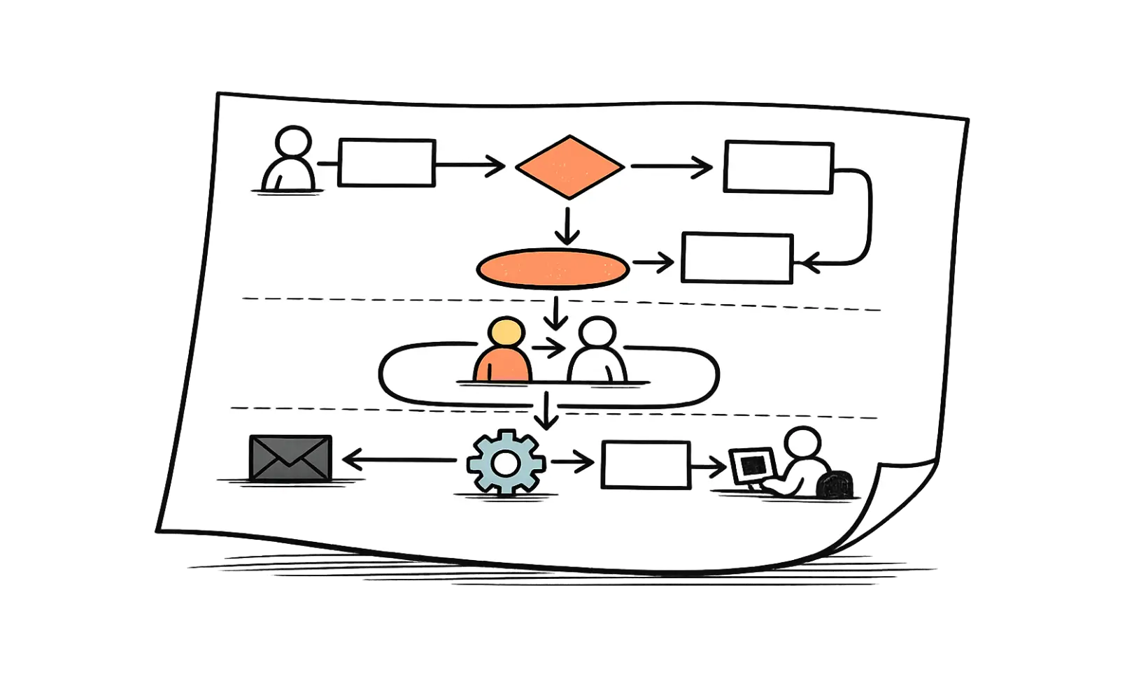 A diagram showing a service design blueprint with connected flow steps