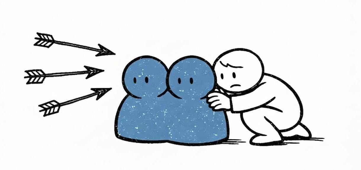 Cartoon of a worried product owner using a group of users as a human shield from incoming arrows, representing the risks of outsourcing product accountability to user sign-off